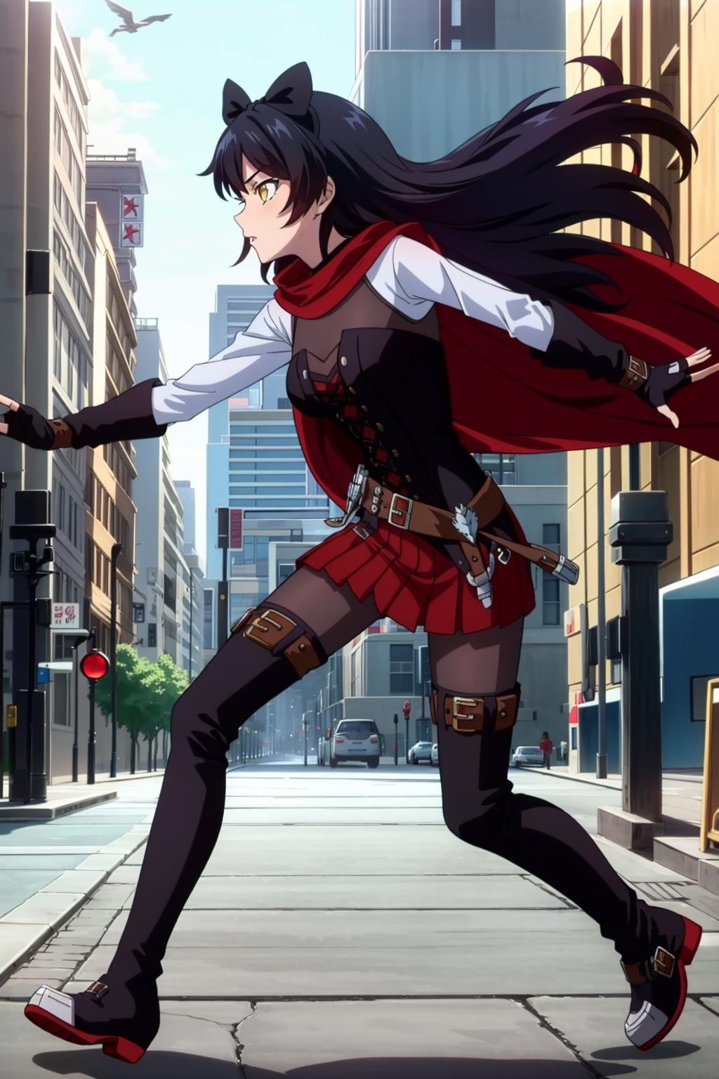 masterpiece,best quality,extremely detailed,<lora:rwby_belladonna:0.4> blake belladonna, hair bow,yellow eyes, 1girl, solo, <lora:RubyAtlas-05:0.9> atlasrose, red cape, pantyhose, belt, red skirt, corset, thigh boots, fingerless gloves, (long hair), full body, city, running