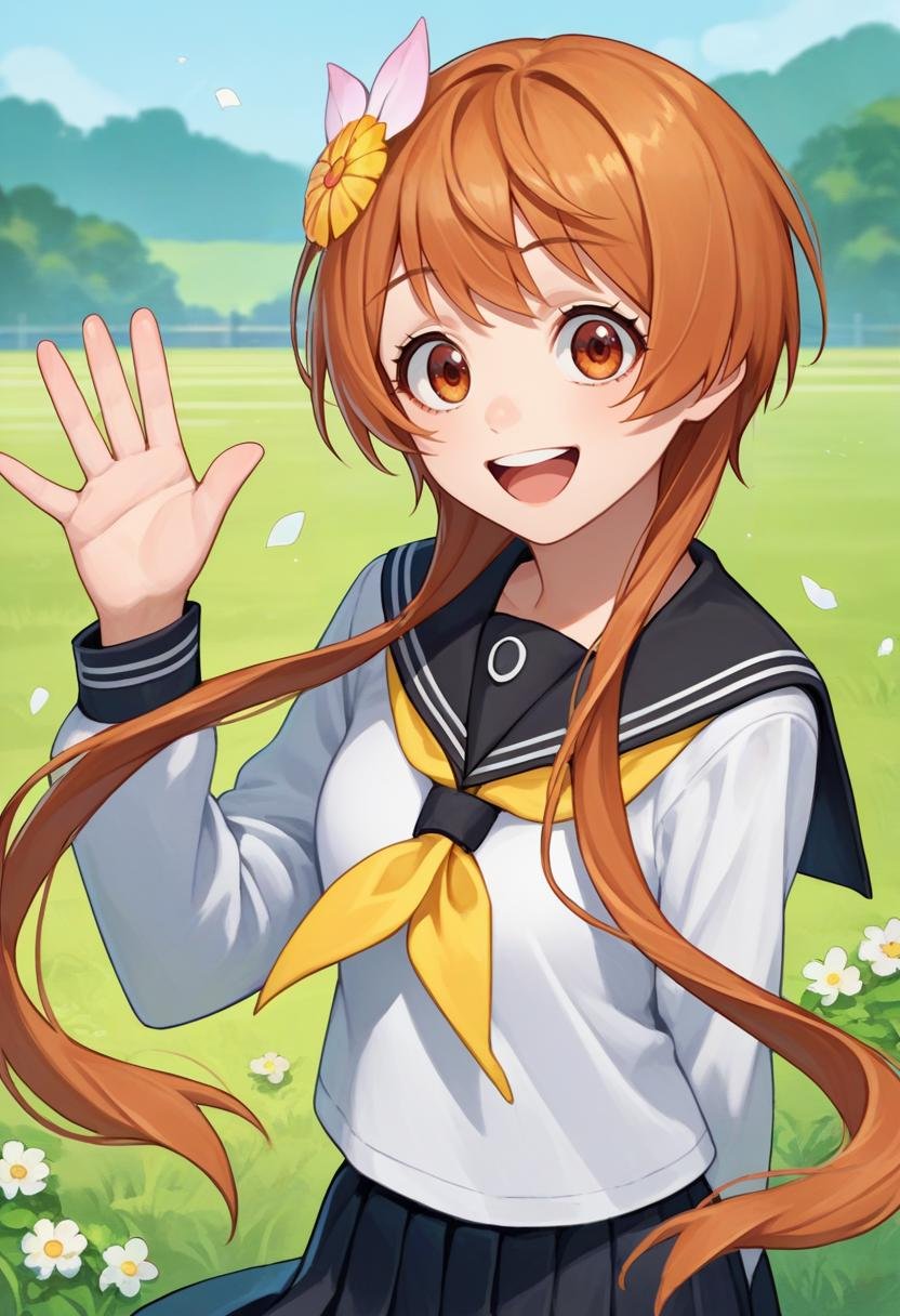 score_9, score_8_up, score_7_up, source_anime, solo, 1girl, tachibana marika, happy, looking at viewer, waving, short hair with long locks, hair flower, school uniform, serafuku, white shirt, yellow neckerchief, long sleeves, black skirt, outdoors, grass <lora:nisekoi_marikatachibana_ponyXL:1>