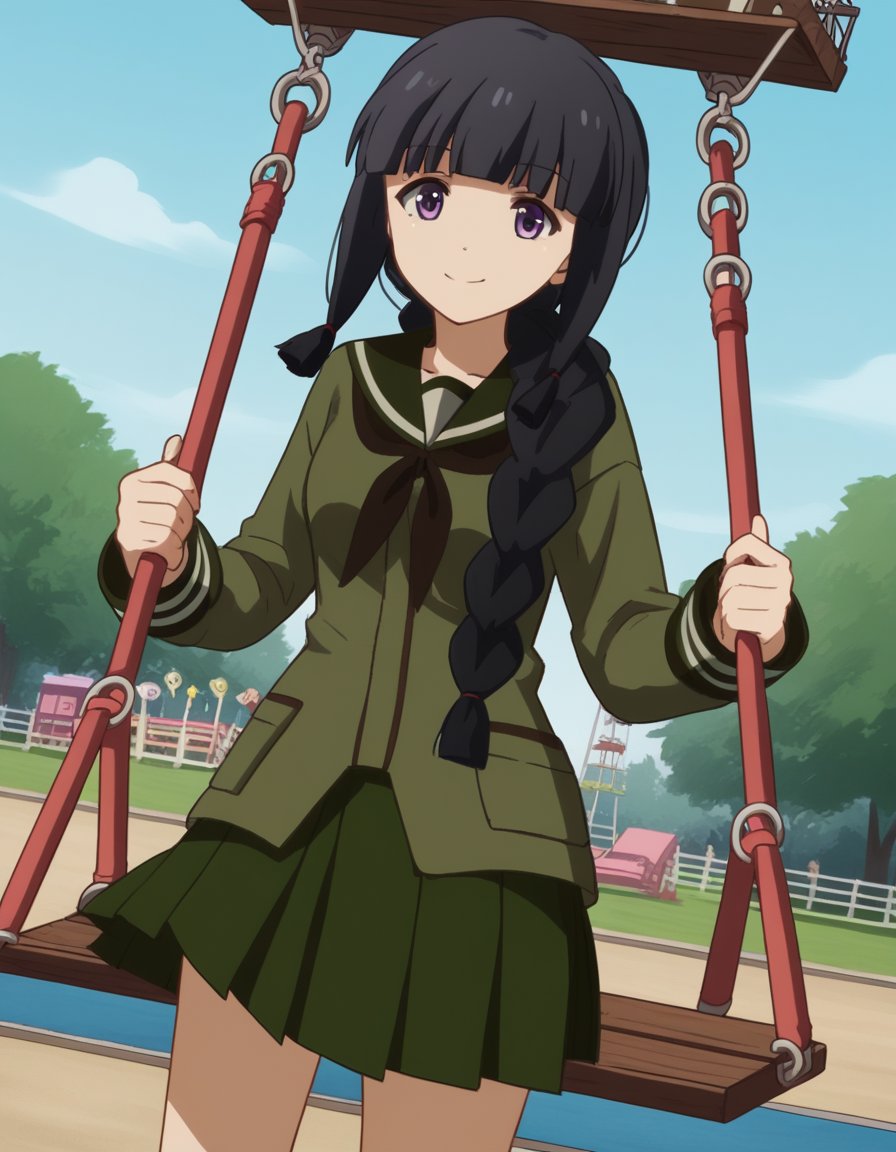 score_9, score_8_up, score_7_up, source_anime, <lora:kancolle-kitakami-s1-ponyxl-lora-nochekaiser:1>, kitakami, long hair, bangs, black hair, purple eyes, braid, blunt bangs, single braid, hair over shoulder, kitakami (kancolle), skirt, school uniform, serafuku, green skirt, pleated skirt, green shirt, green sailor collar, public park, playground, swing set, laughter, sunny day, , looking at viewer, smile, solo,, cowboy shot, dutch angle