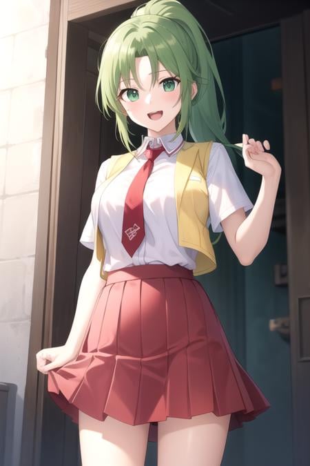 ((masterpiece)),(best quality),official art,extremely detailed CG,unity 8k wallpaper,ultra detailed,beautiful detailed eyes,extremely detailed face,1girl,solo,cowboy shot,looking at viewer,facing viewer,:d,sonozaki mion,long hair,green hair,high ponytail,parted bangs,green eyes,open mouth,yellow vest,cropped vest,open clothes,collared shirt,red necktie,white shirt,short sleeves,large breasts,tight,red skirt,long skirt,white socks,loafers,<lora:Sonozaki Mion(hnnk)>,