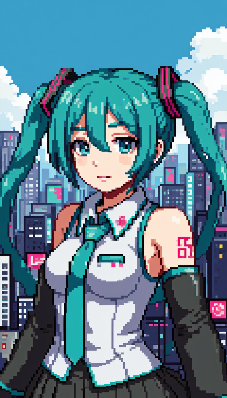 <lora:Aziib_Pixel_Style:1> in the style of aziib pixel, a pixel art portrait of confident Hatsune Miku stands amidst a vibrant cityscape