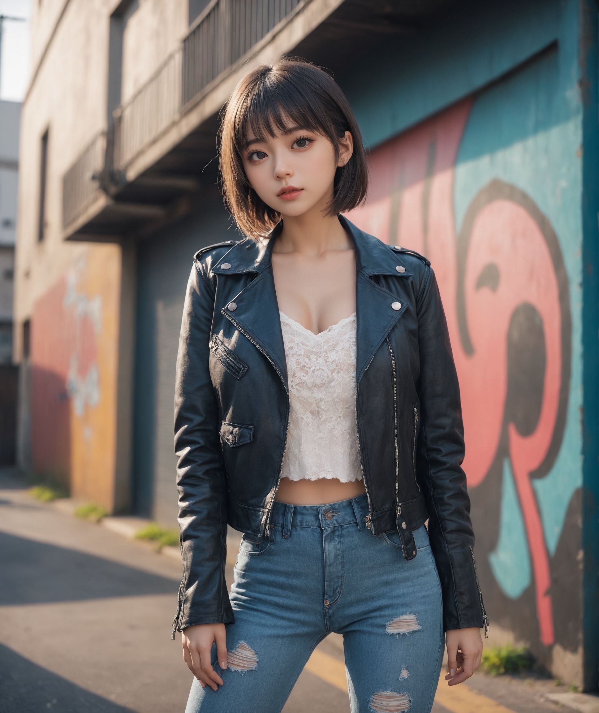 kawaii,cute,1woman, . large breast , intricate background, -, hair over eyes, covered eyes, blunt bangs, sideburns , smug, nose blush , , from below, Establishing Shot,A fashionable woman in ripped skinny jeans, a black leather jacket, and ankle boots, posing against an urban backdrop.(day),