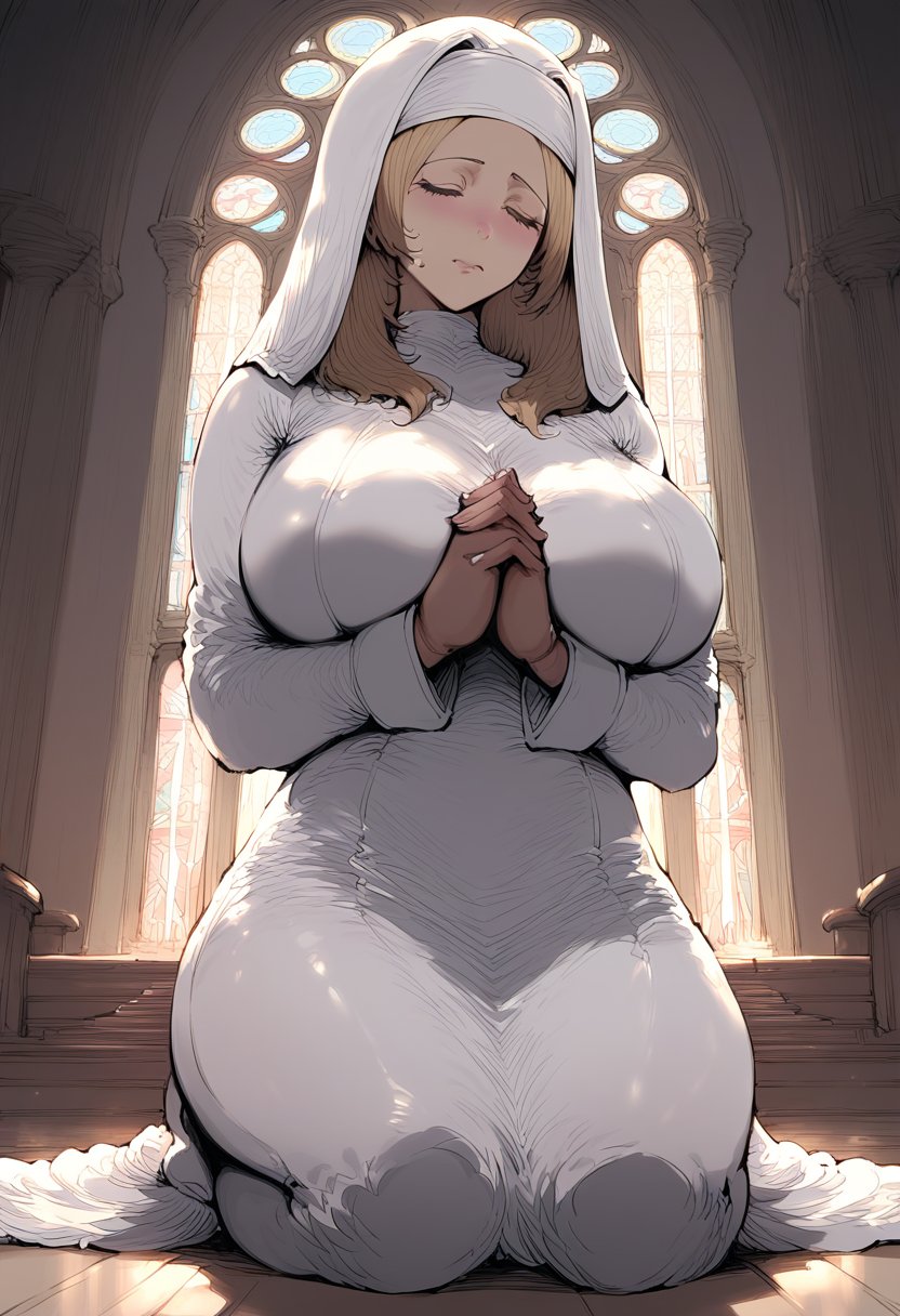 score_9, score_8_up, score_7_up, score_6_up, source_anime, <lora:ALH 0.1v:1>,1girl, closed mouth, praying, kneeling, closed eyes, church, indoors, large breasts, nun, white outfit, 