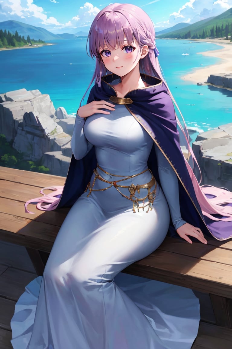 (highly detailed:1.3),sophia fe, blush, smile, rocky mountains, blue sky, lake, ribbon, sitting, full body, hand on own chest, Ultra-detail,(highres:1.1),best quality,(masterpiece:1.3),cinematic lighting,, <lora:Sophia_FEv2:0.8>