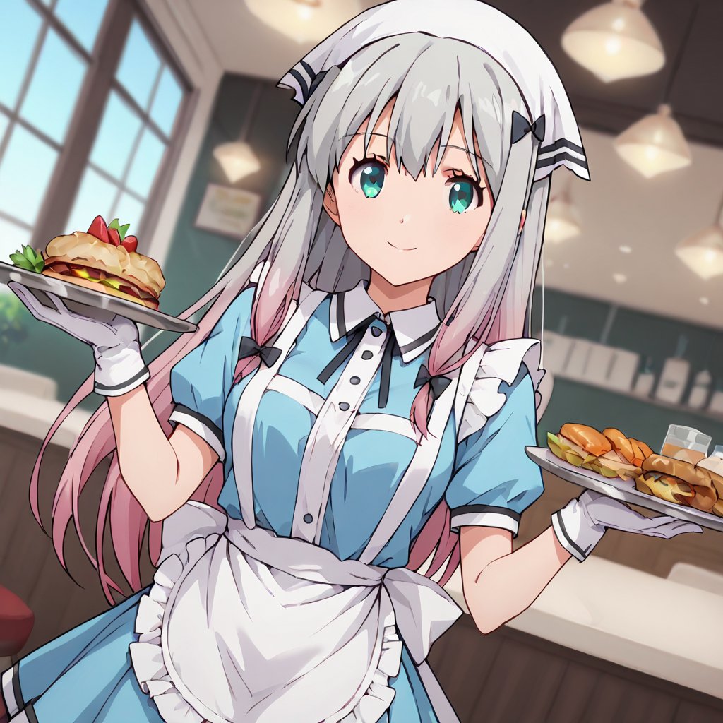 score_9, score_8_up, score_7_up, score_6_up, score_5_up, score_4_up, source_anime,koizumi yogiri, long hair, grey hair, aqua eyes, grey hair, pink hair, multicolored hair,1girl, solo, smile, apron, blue shirt, blue skirt, frilled apron, frills, gloves, head scarf, shirt, short sleeves, skirt, uniform, waist apron, waitress, white apron, white gloves, food, tray, food tray, indoors, restaurant, looking at viewer, dutch angle, cowboy shot,masterpiece, perfect face, best quality, beautiful girl, blurry background, cute girl, beautiful eyes, shiny eyes, anime coloring, anime screencap, absurdres,  <lora:koizumi yogiri nova:0.7>