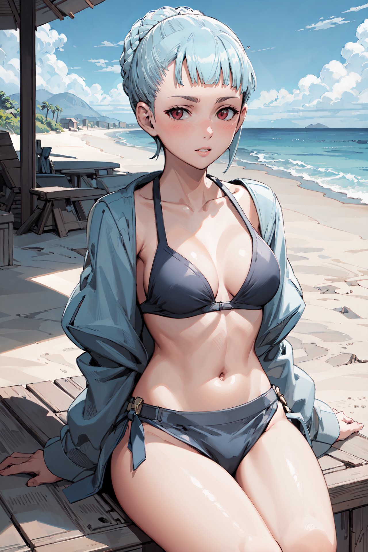 arms behind her back,couple sitting,<lora:philaV2:0.9>,phila,blunt bangs,blush,forehead,bikini,beach,(masterpiece, best quality, ultra-detailed, best shadow) 