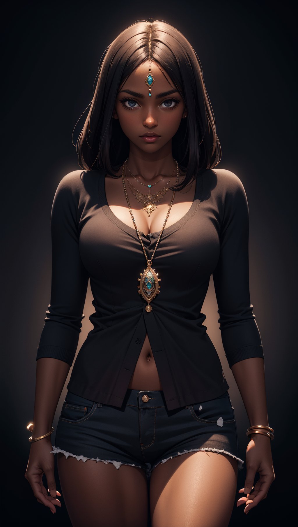 masterpiece,best quality,ultra high res,((dark skinned)) African girl,(fractal art:1.3),deep shadow,dark theme,fully clothed,necklace,forlorn,cowboy shot,