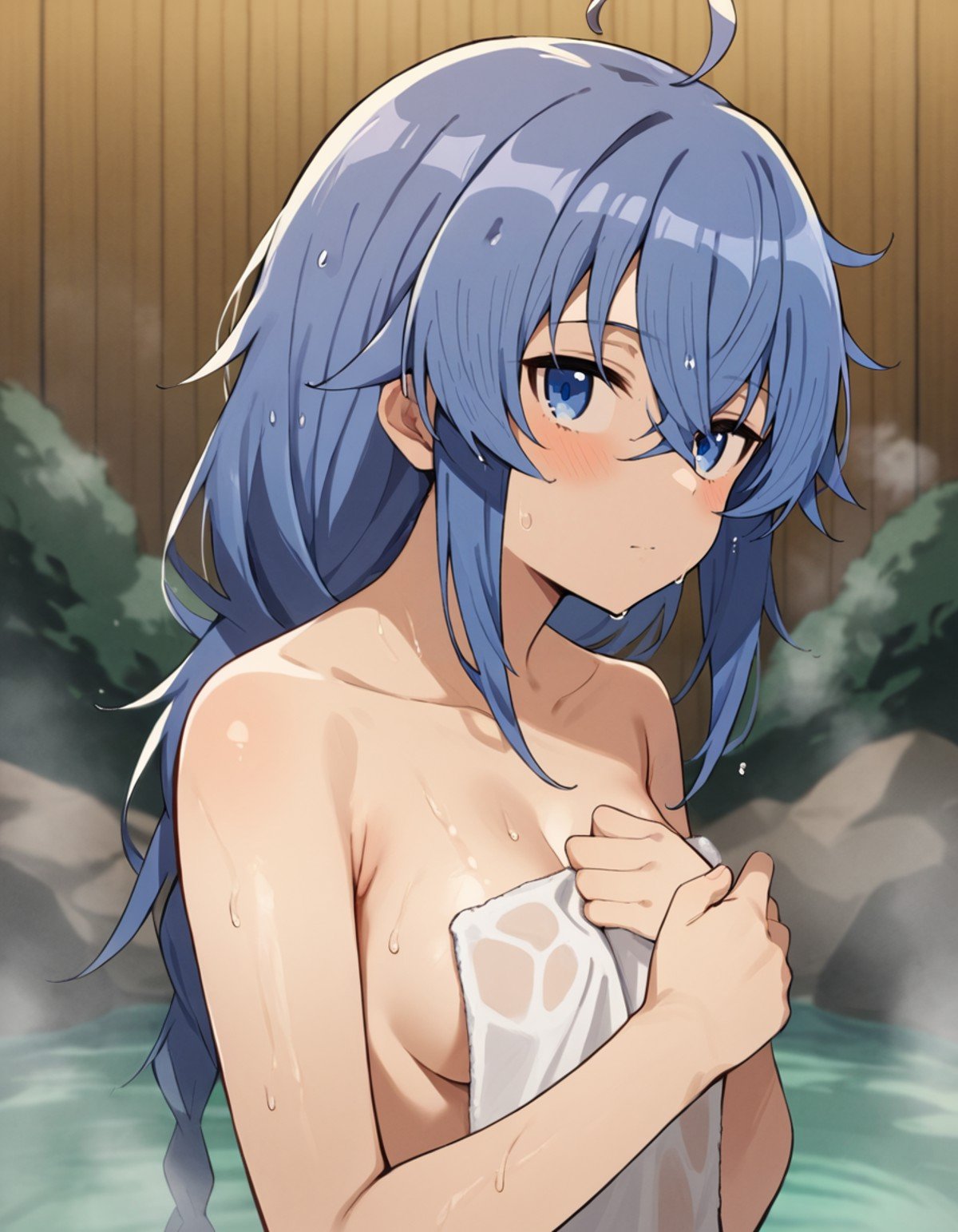 score_9, score_8_up, score_7_up, source_anime, 1girl, solo, looking at viewer, from behind, embarrassed, towel, naked, nude, covering breasts with towel, small breasts, night time, onsen, steam, wet, rocks, village, wet body, wet hair, <lora:roxy_migurdia_anime_s2_v4-soralz:0.9>, roxy migurdia, long hair, blue hair, blue eyes, hair between eyes, crossed bangs, (messy hair:1.4), ahoge, upper body, towel, 