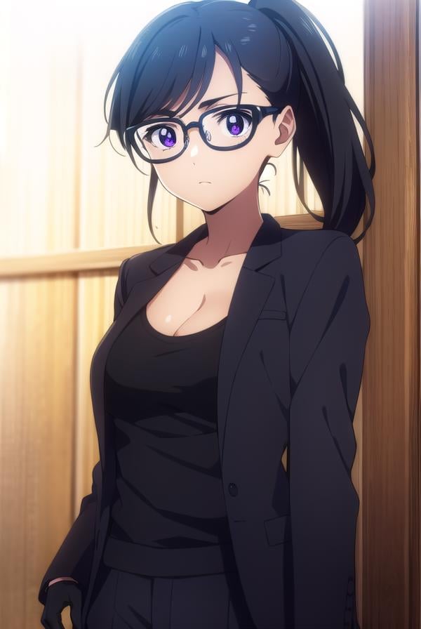 hizuruminakata, <lora:hizuru minakata s1-lora-nochekaiser:1>,hizuru minakata, long hair, black hair, glasses, (purple eyes:1.1), black-framed eyewear,BREAK ponytail, shirt, gloves, cleavage, collarbone, jacket, black gloves, pants, black jacket, black shirt, black pants, formal, suit,BREAK outdoors,BREAK looking at viewer,BREAK <lyco:GoodHands-beta2:1>, (masterpiece:1.2), best quality, high resolution, unity 8k wallpaper, (illustration:0.8), (beautiful detailed eyes:1.6), extremely detailed face, perfect lighting, extremely detailed CG, (perfect hands, perfect anatomy),