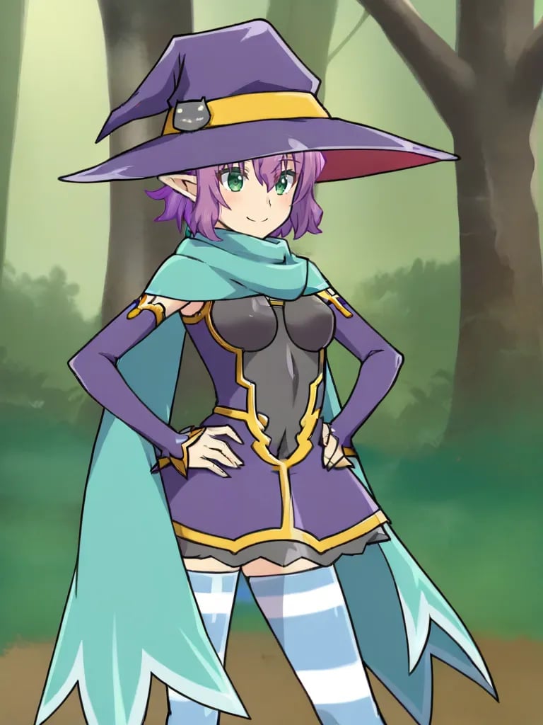 <lora:noelgmeister2pony:0.8>1girl, solo, noelgm2, purple hair, short hair, green eyes, pointy ears, witch hat, dress, detached sleeves, cape, striped thighhighs, standing, forest, hands on hips, smile, cowboy shot,