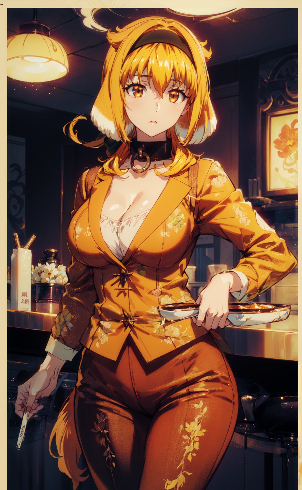 <lora:Roxane-000010:0.8>,Roxane CYQL,1girl,solo,looking at viewer,dog girl,blonde hair,orange hair,short hair,hairband,black hairband,hair between eyes,dog ears,animal ears,floppy ears,brown eyes,collar,black collar,large breasts,tail,dog tail,(seductive_smile:1.2),beautiful face,beautiful eyes,glossy skin,shiny skin,((Chic_tweed_blazer:1.5),(Cigarette_trousers:1.4),(Pointed-toe_pumps:1.3),(Modern_diner_background:1.4):1.3),(portrait,from_below,on back:1.2),holding flower,Mountain waterfall, Picnic, Noontime sun, Cascading water, Fresh air, Relaxation,lily,beautiful detailed sky,beautiful detailed glow,(English text:1.3),(border:1.5),posing in front of a colorful and dynamic background,(masterpiece, best quality, beautiful and aesthetic:1.3),contrapposto,female focus,fine fabric emphasis,wallpaper,fashion,Lipstick,depth of field,intricate_detail,finely_detailed,fine_fabric_emphasis,(glossy),<lora:增强减少细节add_detail:0.4>,