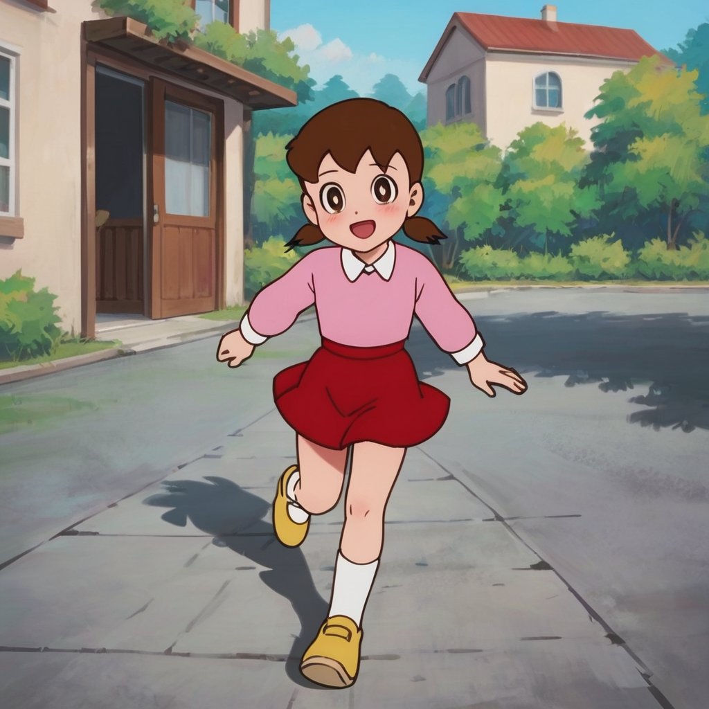 score_9, score_8_up, score_7_up, score_6_up, score_5_up, score_4_up, source_anime,minamoto shizuka,1girl, solo, skirt, outdoors, brown hair, socks, white socks, twintails, red skirt, shoes, smile, shirt, open mouth, brown eyes, pink shirt, looking at viewer, short twintails, kneehighs, collared shirt, long sleeves, :d, day, bright pupils, white pupils, house, low twintails, short hair, running, yellow footwear, blush, masterpiece, perfect face, best quality, beautiful eyes, shiny eyes, anime coloring, anime screencap, absurdres, outdoors,<lora:minamoto shizuka WAI 919:0.8>