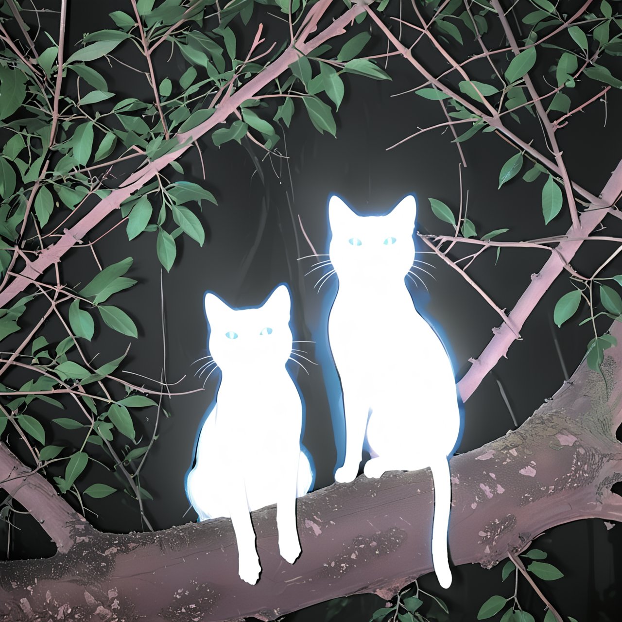 lghtshft_lora, glowing, 2cats, close up, no humans, on a tree branch, VHS, <lora:lightshift_lora:1.1>
