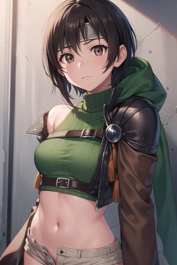 yuffiekisaragi, <lora:yuffie kisaragi v2-lora-nochekaiser:1>, yuffie kisaragi, (black hair:1.5), (brown eyes:1.7), short hair, pixie cut,BREAK crop top, fingerless gloves, fishnet thighhighs, fishnets, forehead protector, gloves, headband, navel, short shorts, shorts, single sleeve, single thighhigh, sleeveless, sleeveless turtleneck, thighhighs, turtleneck,BREAK cowboy shot, looking at viewer, BREAK indoors,BREAK <lyco:GoodHands-beta2:1>, (masterpiece:1.2), best quality, high resolution, unity 8k wallpaper, (illustration:0.8), (beautiful detailed eyes:1.6), extremely detailed face, perfect lighting, extremely detailed CG, (perfect hands, perfect anatomy),