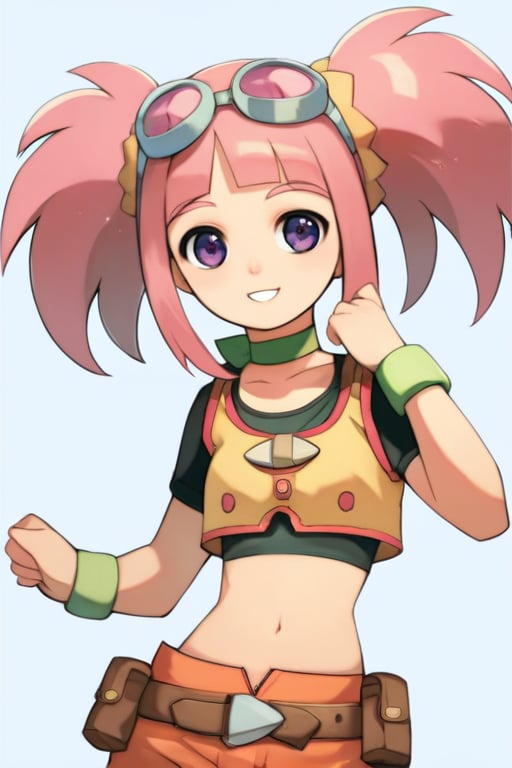 score_9, score_8_up, score_7_up, source_anime, tatsuno malm, belt, navel, choker, crop top, purple eyes, goggles on head, smile, pink hair, wristband, midriff, solo focus, twintails, goggles, 1girl, covel<lora:EMS-304032-EMS:0.800000>, <lora:EMS-396438-EMS:0.700000>