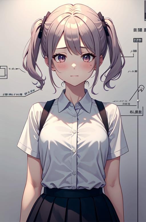 masterpiece,best quality,upper body,1girl,collared_shirt and flared_skirt as material1,色彩,pastel \(medium\),diagram,hair ears,gmyh,small breasts,upturned eyes,trembling,breast conscious