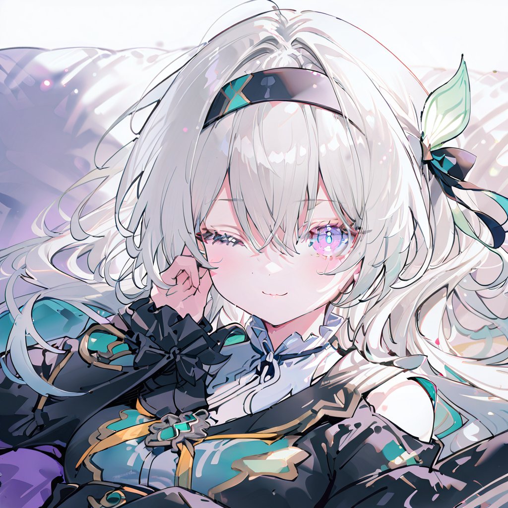 firefly,1girl,solo,one eye closed,long hair,hairband,looking at viewer,white background,smile,hair ornament,bangs,hair ribbon,closed mouth,couch,blue eyes,ribbon,long sleeves,lying,shirt,white hair,simple background,black hairband,grey hair,purple eyes,virtual youtuber,