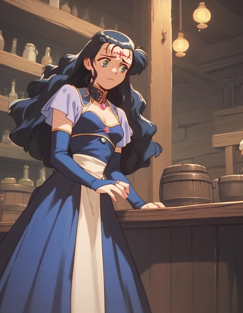 score_9, score_8_up, score_7_up, score_6_up, score_5_up, score_4_up, <lora:lydia-ponyxl:0.9> lydia, circlet, dress, cleavage, bridal gauntlets, blue skirt, small breasts,1girl, worried, looking to the side, tavern