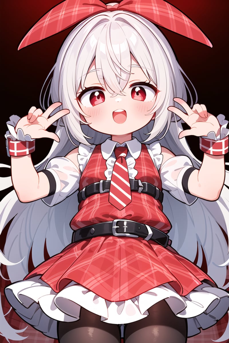 <lora:talkmouth_O_type2_v100:1>insanely detailed, absurdres, ultra-highres, ultra-detailed, best quality,1girl, solo, nice hands, perfect handsBREAK(Enchant:1.4), (red theme:1.5), ((red plaid pattern, tone on tone):1.4), (idol uniform:1.2), (fusion of sleeveless (red plaid pattern) vest and red sundress:1.4), (red tie:1.4), ((red plaid pattern) multi-layered skirt with ruffles:1.3), ((red:1.3) platform HIGH boots:1.1), (red plaid pattern ribbon on head:1.3)    BREAK    (short sleeve white collared-shirt dress layering:1.2), (black pantyhose:1.2), (belt:1.3), (wristband:1.3), (naked skin:-1), (black vest:-1), (white vest:-1), (black skirt:-1), (white skirt:-1), (cleavage:-1.5)BREAKsmile, open mouthBREAK(45 angle:-1.5), (from side:-1.5),standing, cowboy shot, looking at viewerBREAKslender, kawaii, perfect symmetrical face, ultra cute girl, ultra cute face, ultra detailed eyes, ultra detailed hair, ultra cute, ultra beautifulBREAKin coffee shop, depth of field, ultra detailed backgroundBREAKmedium large breastsBREAKgrey hair, red eyes, bob, hair between eyes