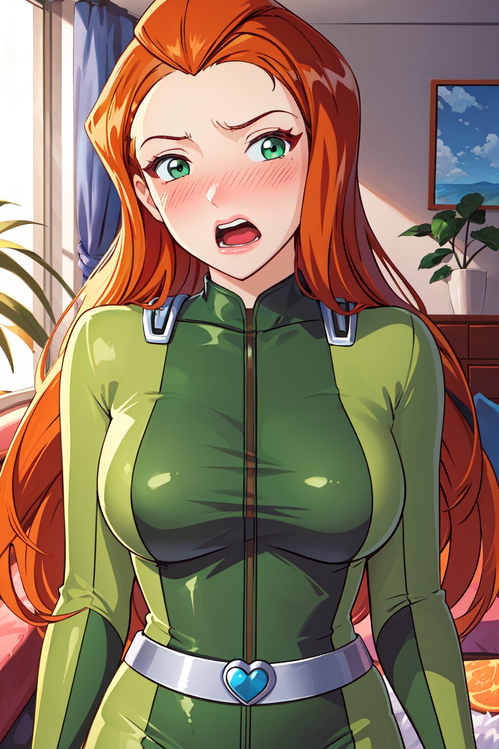 masterpiece, best quality, ultra-detailed, illustration, 1girl, sam \(totally spies\), orange hair, long hair, green eyes, green bodysuit, belt, blush, embarrassed, looking at viewer, open mouth, living room, upper body <lora:brj-sam-v2-000012:1> <lora:GoodHands-vanilla:0.5>