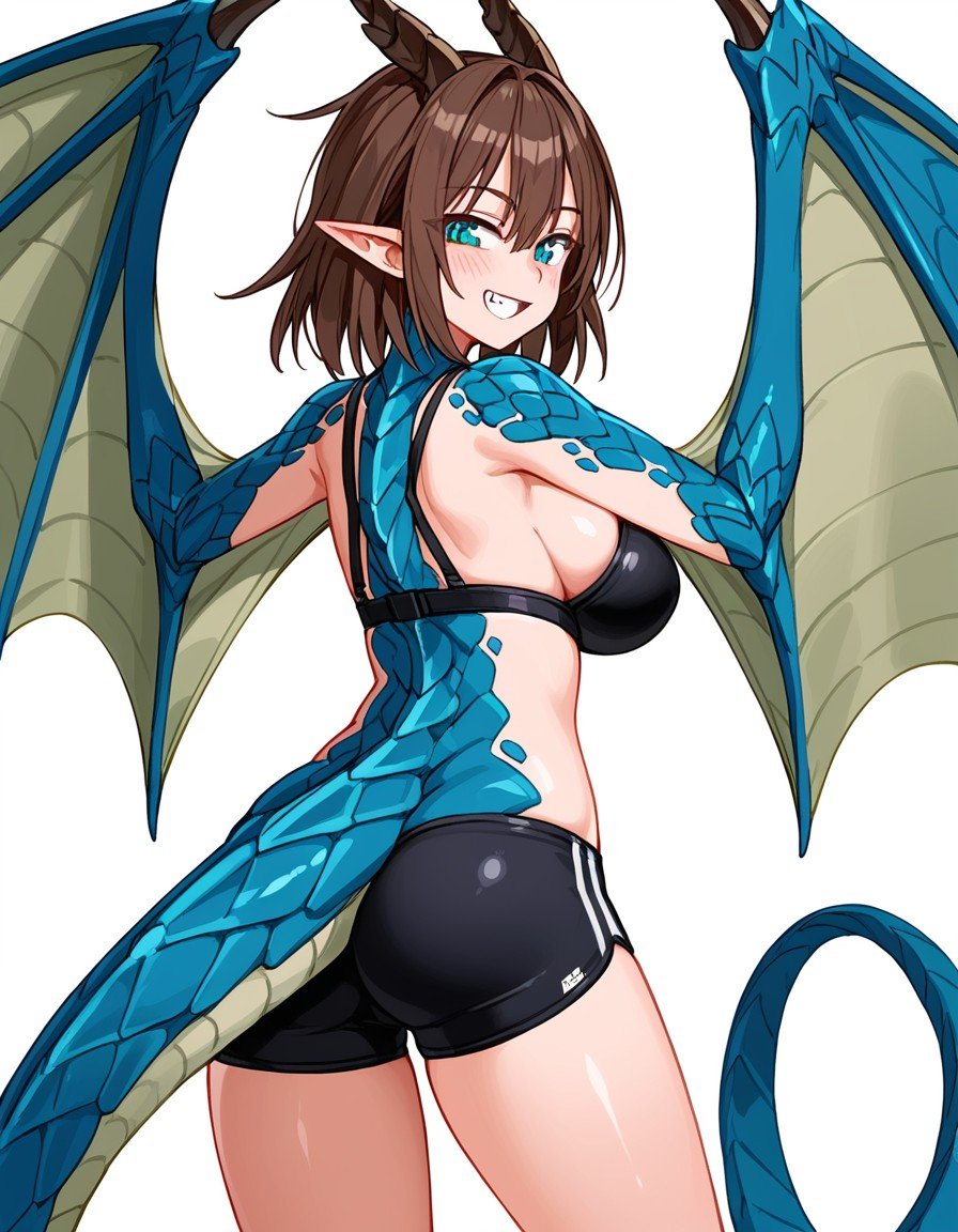 Monster girl, MGE artstyle, (wyvern), dragon girl, (winged arms), straight segmented horns, back-facing horns, animal limbs, thighhigh scales, (scaled wings), prehensile wings, dexterous wings, thick lizard tail, two-tone scales, (black and blue scales), shiny skintight bra, shorts, standing, back, simple shading, grin, fang, cyan eyes, brown hair, two horns, consistent style, clear lines, fin-like ears, teasing, looking back, looking at viewer, medium-large breasts, white background, large wings, , <lora:948f36f2-102f-4f57-ba44-2b4859034f0e:0.6>