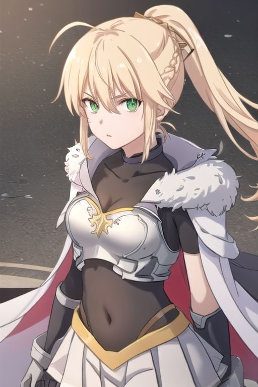 game lineart, game color, ReannaBrigantia, 1girl, green eyes, solo, blonde hair, ponytail, long hair, covered navel, white cape, ahoge, braid, pleated skirt, white skirt, hair between eyes, cleavage, medium breasts, fur-trimmed cape, armor, breastplate,, BREAK looking at viewer, arms down, BREAK indoors, castle, BREAK looking at viewer, (cowboy shot:1.5), (upper body:1.5), dynamic pose, BREAK <lyco:GoodHands-beta2:1>, (masterpiece:1.2), best quality, high resolution, unity 8k wallpaper, (illustration:0.8), (beautiful detailed eyes:1.6), extremely detailed face, perfect lighting, extremely detailed CG, (perfect hands, perfect anatomy),