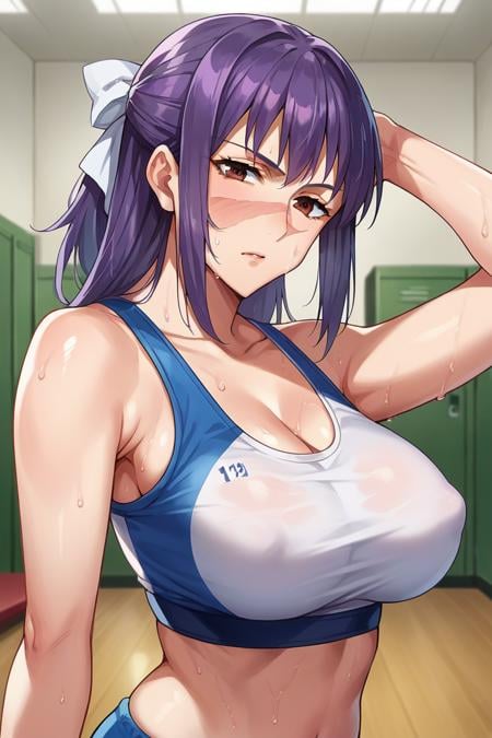 score_9, score_8_up, score_7_up, score_6_up, score_5_up, score_4_up, rating_questionable, , source_anime, digital illustration, pixiv, fanbox, uncensored, , BREAK, official art,1girl, solo, female, utahime, purple hair, brown eyes, hair ribbon, face scar, large breasts, sports bra, upper body, cleavage, erect nipples, sweat, gym, gym lockerroom, indoors, arm up, armpit,, cowboy shot, looking at viewer, colorful, vivid,,   <lora:Utahime_Iori_Pony_Large-09:0.9>