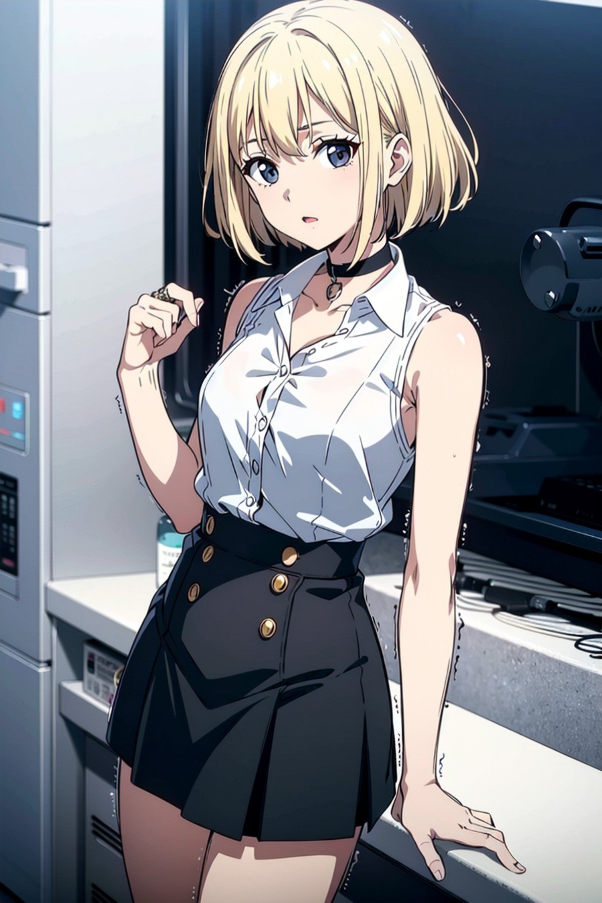 best quality, ultra high res, 1girl, sleeveless white button shirt, black skirt, black choker, cute,(platinum blonde hair:1), ((puffy eyes)), looking at viewer