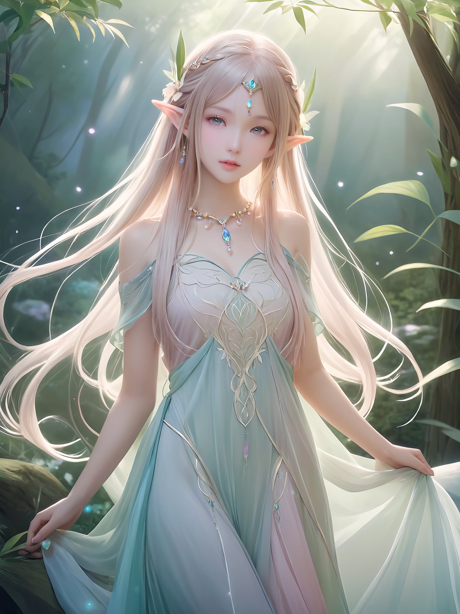 elf,enchanting beauty,fantasy,ethereal glow,pointed ears,delicate facial features,long elegant hair,nature-themed attire,mystical ambiance,soft lighting,tranquil expression,harmonious with nature,subtle magical elements,serene,intricate jewelry,dreamlike quality,pastel colors,cowboy shot,