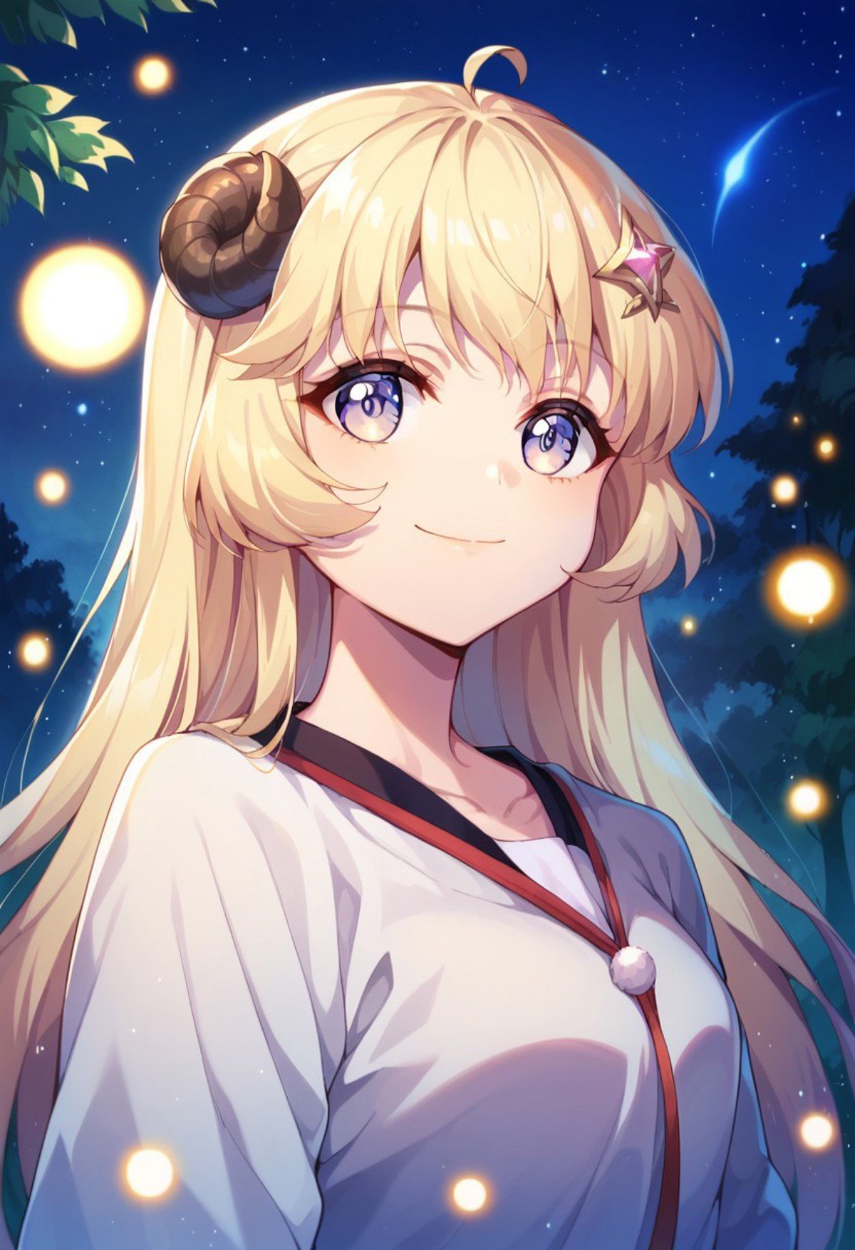 score_9, score_8_up, score_7_up, tsunomaki watame, night, star (sky), looking at viewer, hair ornament, smile, standing, tree, sunset, upper body, closed mouth