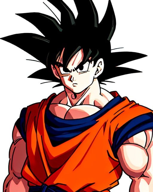 (best quality, masterpiece),1boy, male focus, solo, black hair, black eyes, son goku, spiked hair, looking at viewer, upper body, simple background, muscular, white background, muscular male, serious