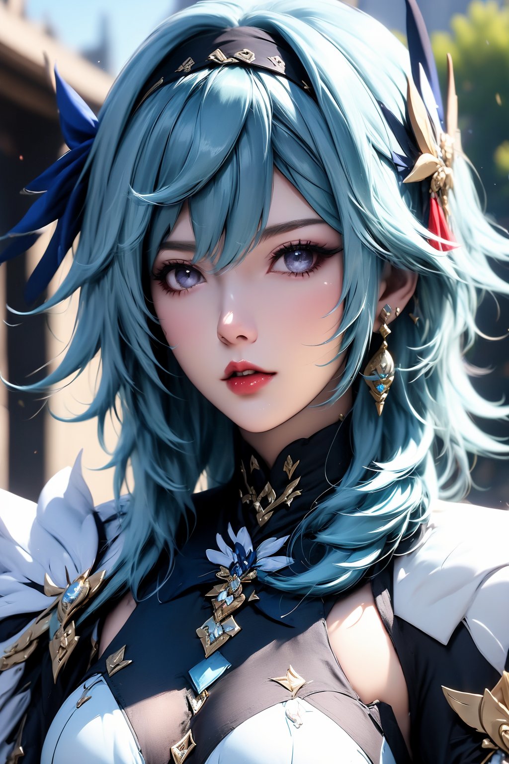 1girl, eula \(genshin impact\), solo, blue hair, hairband, breasts, hair ornament, looking at viewer, jewelry, black hairband, parted lips, medium hair, earrings, upper body, blurry background, blurry, lips, large breasts, necktie, outdoors, red lips, hair between eyes, grey eyes,