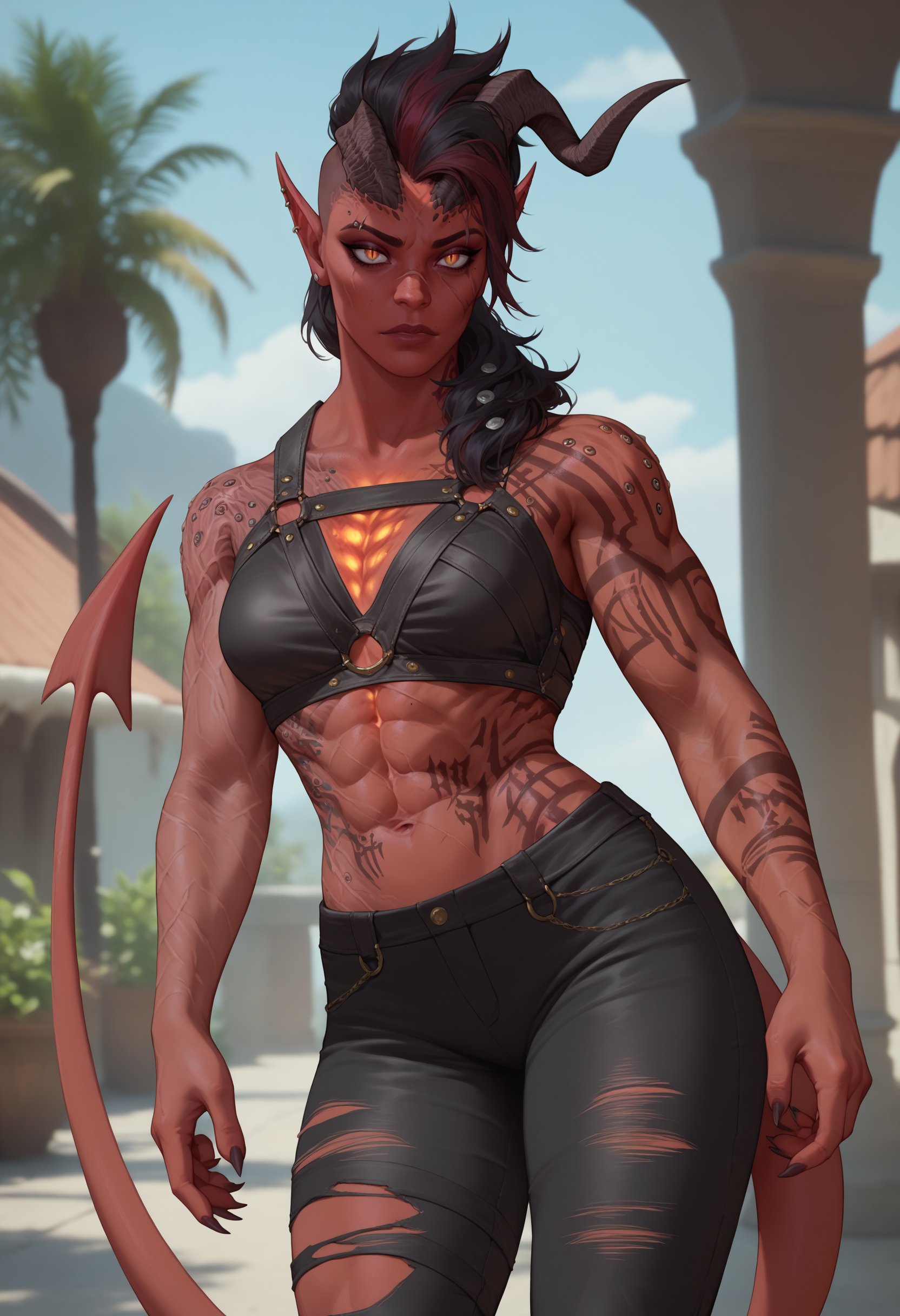 score_9, score_8_up, score_7_up, 1girl, <lora:KarlachBG3PDXL_V1-Manityro-adamw:1> KarlachBG3, demon girl, tail, colored skin, slit pupils, tattoo, scars, toned, piercings, chest harness, black pants, torn pants