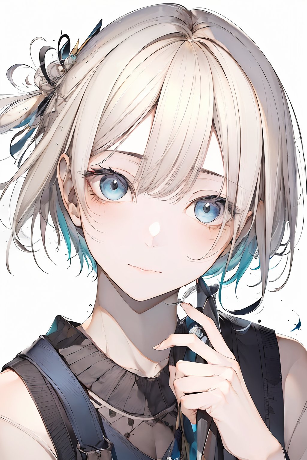 1girl,short hair,bangs,blue eyes,blonde hair,simple background,hair ornament,white background,closed mouth,multicolored hair,bundled hair.,<lora:lbc_Girly_v2.0-000006:0.8>,