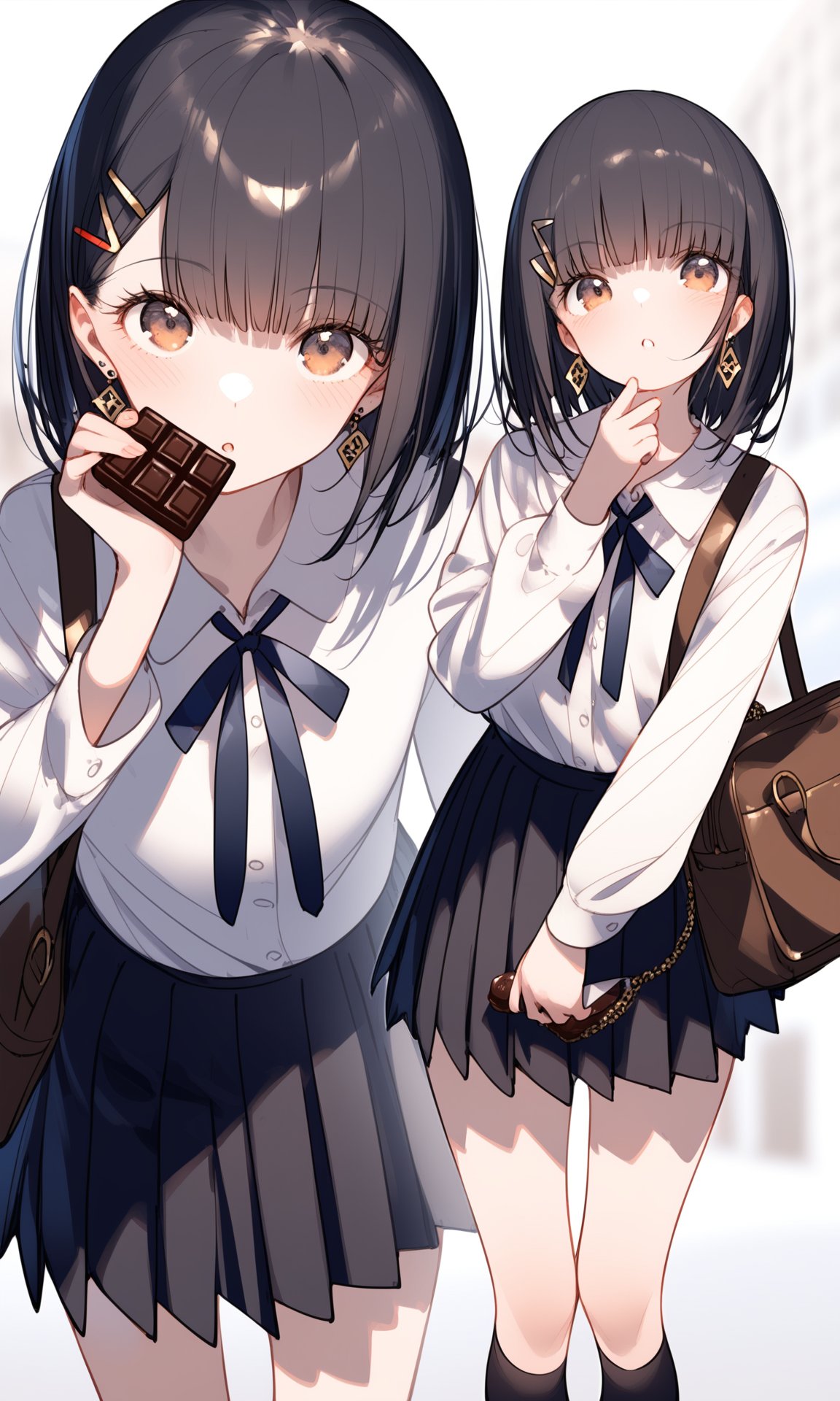 1girl,hair ornament,black hair,blurry,hairclip,looking at viewer,multiple views,blurry background,holding,shoes,bangs,bag,long sleeves,skirt,brown footwear,jewelry,food,depth of field,ribbon,shirt,chocolate,loafers,parted lips,blush,socks,puffy sleeves,medium hair,brown eyes,pleated skirt,white shirt,school uniform,hand on own face,neck ribbon,earrings,incoming food,holding food,argyle,standing,black skirt,