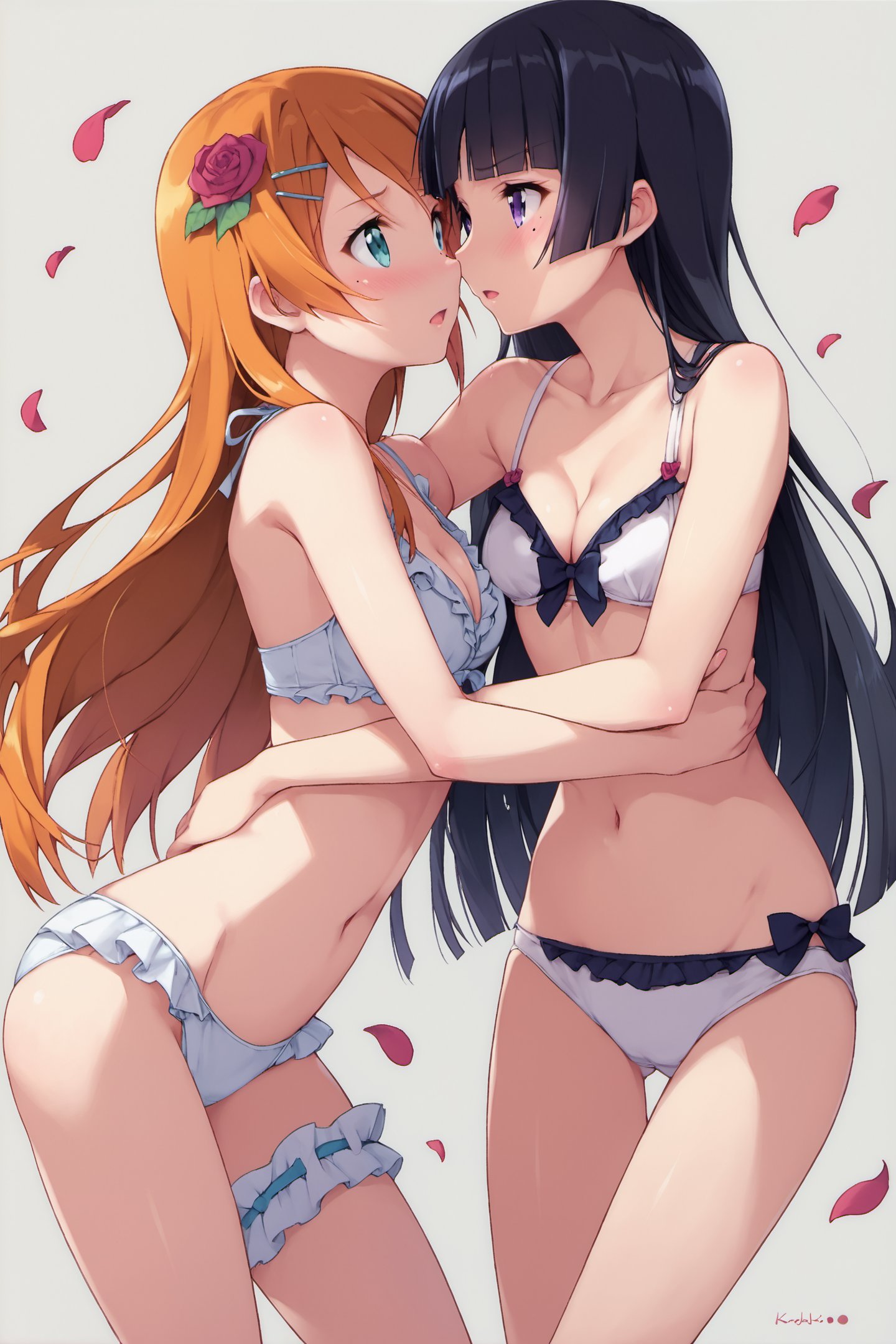 multiple girls,2girls,kousaka kirino,long hair,hair ornament,bridal garter,gokou ruri,black hair,flower,rose,navel,petals,frills,blush,mole under eye,mole,hairclip,bikini,breasts,yuri,swimsuit,hairband,hime cut,purple eyes,hair flower,open mouth,underwear,panties,aqua eyes,ribbon,leaning forward,bangs,thigh gap,bra,small breasts,looking at another,bare shoulders,simple background,underwear only,bow,orange hair,white bikini,cleavage,score_9,score_8_up,<lora:Kanzaki Hiro_XL_PONY:0.9>,