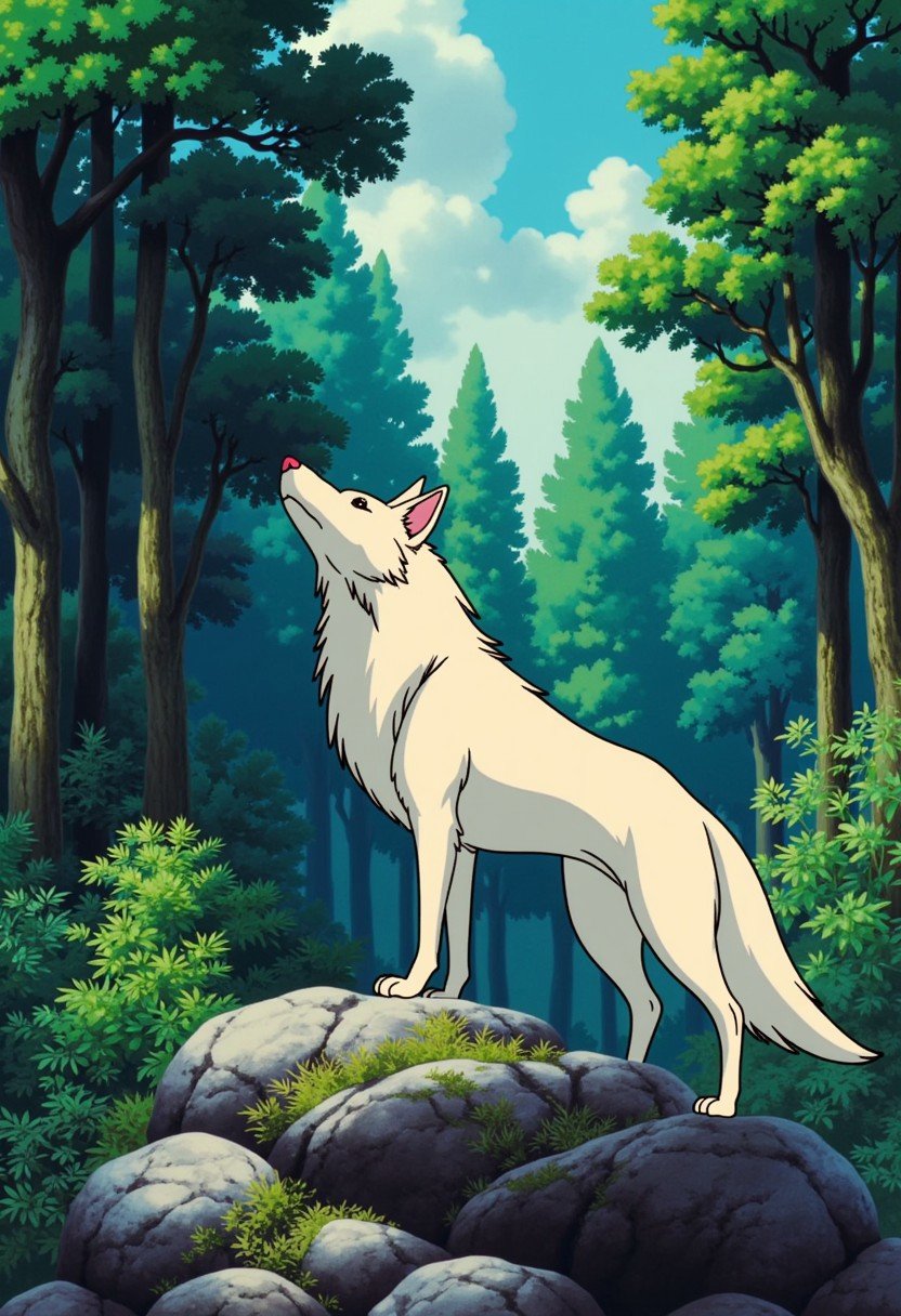 Ghiblistyle, outdoors, wolf standing on rock, forest