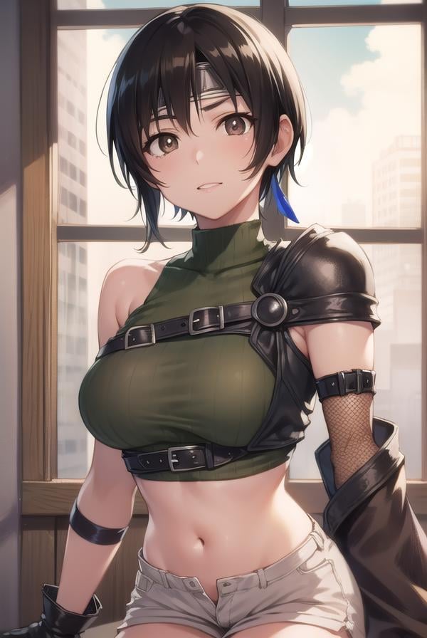 yuffiekisaragi, <lora:yuffie kisaragi v2-lora-nochekaiser:1>, yuffie kisaragi, (black hair:1.5), (brown eyes:1.7), short hair, pixie cut,BREAK crop top, fingerless gloves, fishnet thighhighs, fishnets, forehead protector, gloves, headband, navel, short shorts, shorts, single sleeve, single thighhigh, sleeveless, sleeveless turtleneck, thighhighs, turtleneck,BREAK cowboy shot, looking at viewer, BREAK indoors,BREAK <lyco:GoodHands-beta2:1>, (masterpiece:1.2), best quality, high resolution, unity 8k wallpaper, (illustration:0.8), (beautiful detailed eyes:1.6), extremely detailed face, perfect lighting, extremely detailed CG, (perfect hands, perfect anatomy),