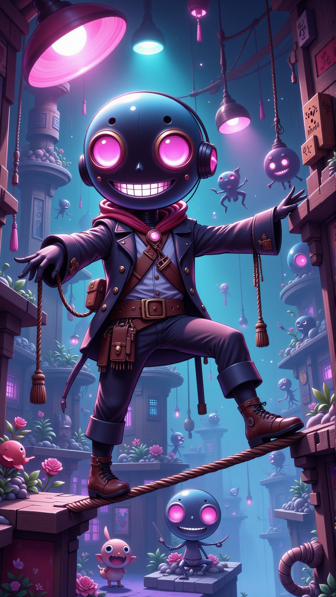 A cyborg pirate balancing on a tightrope above a neon-lit aquarium.