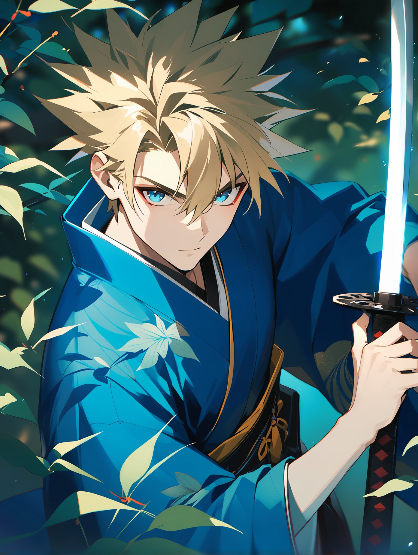 1boy, male focus, sword, weapon, solo, holding, blonde hair, japanese clothes, holding weapon, holding sword, blue eyes, katana, looking at viewer, blue kimono, kimono, short hair, leaf, hair between eyes, closed mouth, spiked hair, upper body, long sleeves