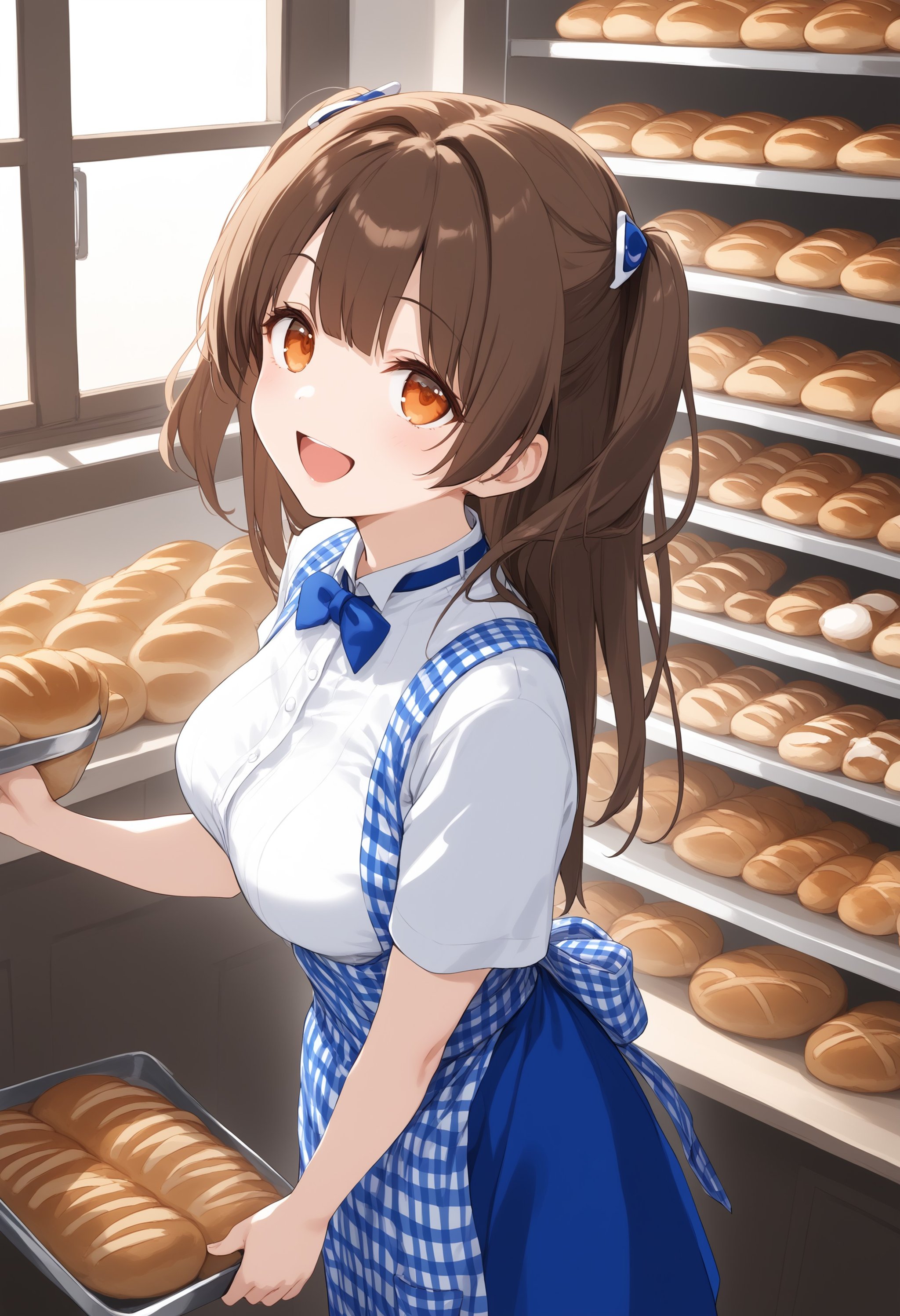 1girl, medium breasts,kobeya uniform, blue skirt, blue neckwear, gingham apron,Bakery, <lora:kobeya_Pony_v1:0.7>from behind, cinematic angle, looking up, brown hair, orange eyes,archaic smile, open mouth, two side up hair,