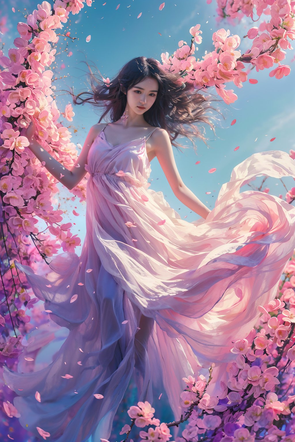 sdmai, fengwu, 1girl, dress, solo, long hair, black hair, white dress, cherry blossoms, flower, wind, petals, sky, pink flower, day