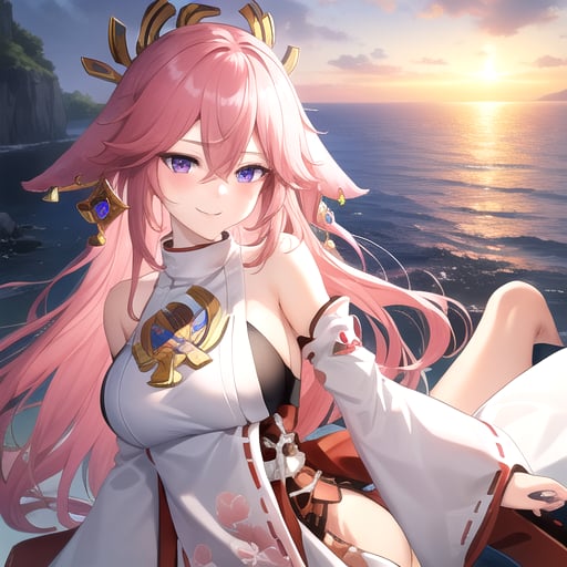 ((masterpiece)),(best quality),official art,extremely detailed CG,unity 8k wallpaper,ultra detailed,A lighthouse on a cliff by the sea,1girl,solo,upper body,looking at viewer,pink_hair,low-tied_long_hair,purple_eyes,large_breasts,detached_sleeves,jewelry,sandals,wide_sleeves,earrings,animal_ears,bare_legs,bare_shoulders,hair_between_eyes,hair_ornament,fox_ears,japanese_clothes,very_long_hair,anklet,bangs,smile,white_shirt,nontraditional_miko,long_sleeves,<lora:Yaemiko(gen)>,