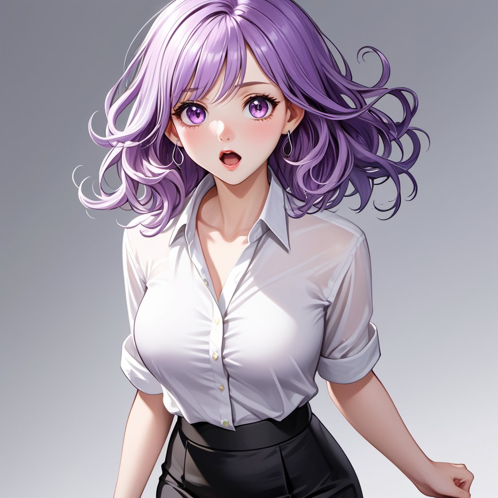 Masterpiece,  high quality, 1 pretty,  lovely girl,  white skin,  light purple hair,  shoulder-length hair,  light curls,  wearing a white shirt and a long black pencil skirt,  (((surprised))),  Super Detail,  Full HD