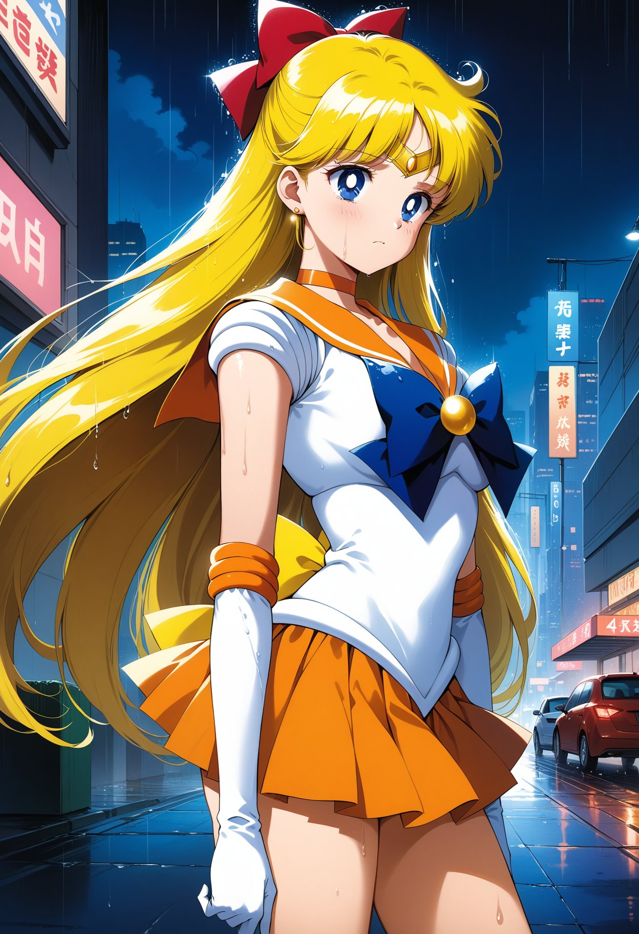 (masterpiece, best quality, very aesthetic, ultra detailed), intricate details, 4k, aavenus, long hair, blonde hair, hair bow, tiara, earrings, blue eyes, orange choker, orange sailor collar, blue bowtie, white shirt, elbow gloves, white gloves, pleated skirt, orange skirt, bare legs, <lora:sailor_venus_animaginexl_v2:0.9>, from side, wet, rain, night, city, standing, cowboy shot, arms at sides, sad, 