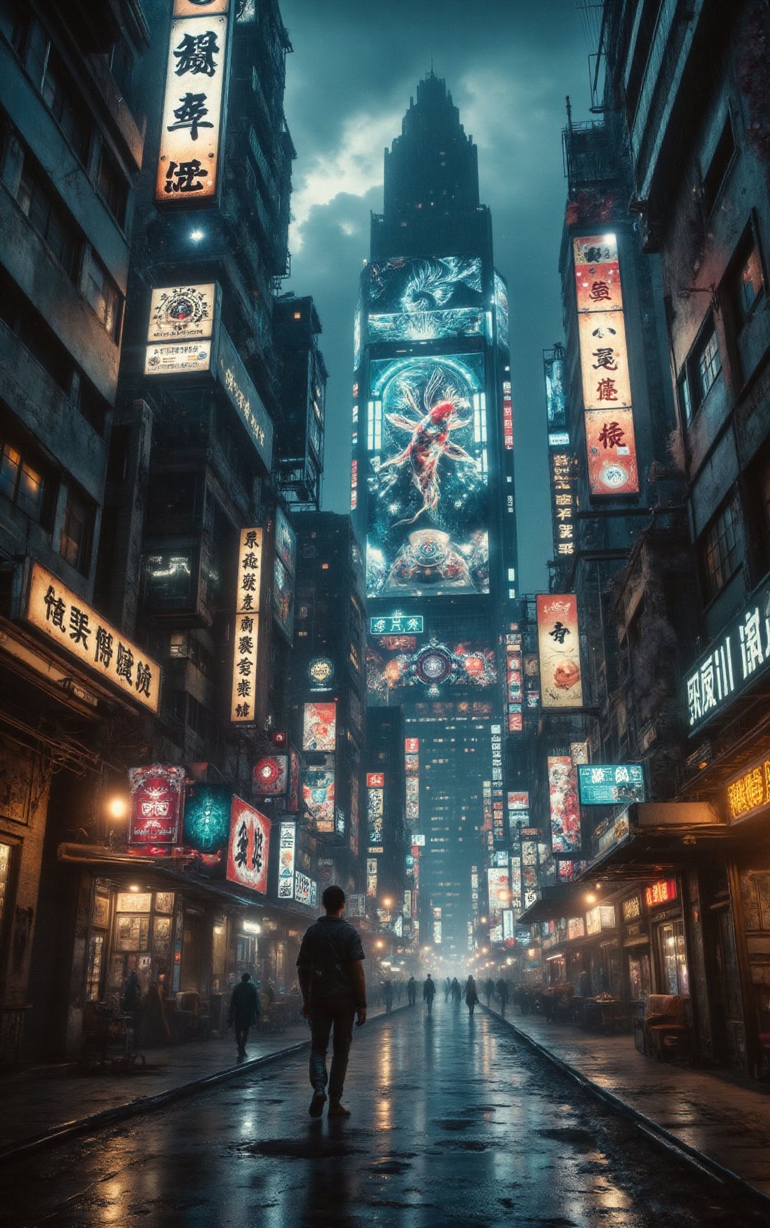 futuristic megalopolis, with giant holograms and neon lights everywhere, at night. It's raining. android humain, dirty street, <lora: - Flux1 - soothing_atmo_V1.0:1> <lora:glowing_flux:1> <lora:FluxDFaeTasticDetails:1>, koi carp hologram, the buildings are old and dirty, a hologram stripper,science fiction cyberpunk epirezumiworld <lora:Irezumi_World_Flux:1>