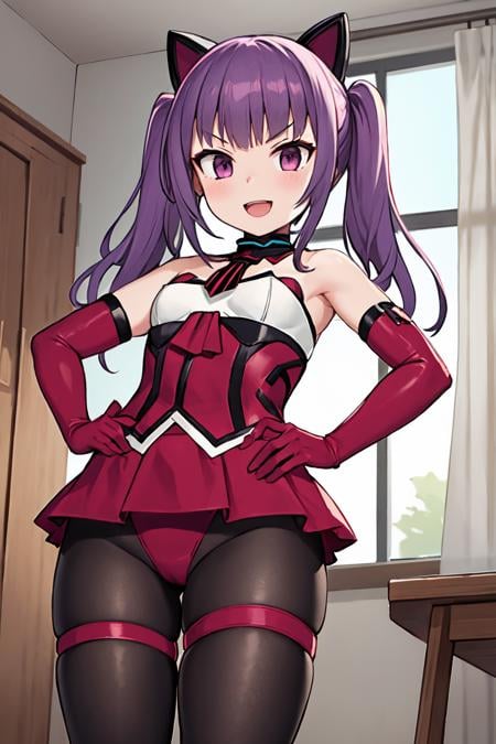 1girl, ichijou ayaka, velvet kitten, black legwear, sidelocks, twintails, hand on hip, v-shaped eyebrows, black pantyhose, red gloves, bare shoulders, looking at viewer, open mouth, elbow gloves, detached collar, fake animal ears, black collar, strapless leotard, headgear, red leotard, red necktie, pleated skirt, thigh strap, smile, window, by the window, curtains, from below <lora:fingers4civitai:1:1:lbw=OUTALL> <lora:ichijou_ayaka_locon_v1:0.7>