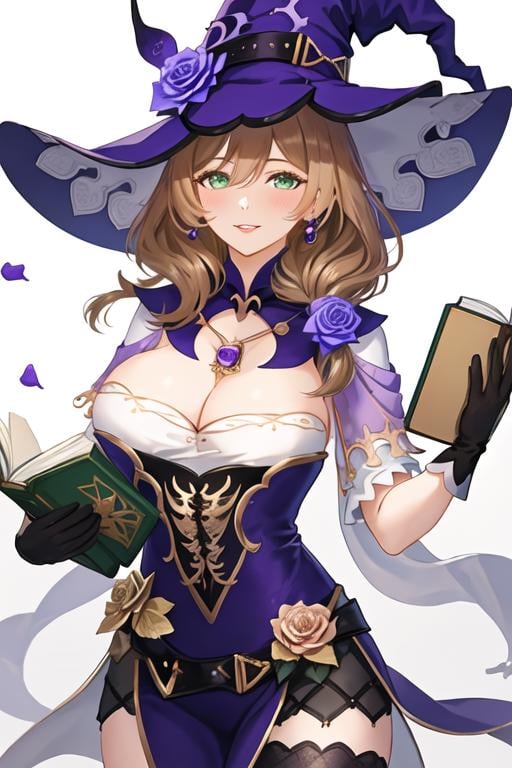 best quality, masterpiece, highres, solo, {lisa_genshin:1.15}, long_hair, green_eyes, bangs, brown_hair, flower, breasts, smile, hat, rose, cleavage, large_breasts, purple_flower, witch_hat, hair_between_eyes, purple_headwear, hair_ornament, jewelry, hair_flower, purple_rose, hat_flower, blush, 1girl, looking_at_viewer, witch, dress, parted_lips, simple_background, white_background, book, gloves, black_gloves, holding, holding_book