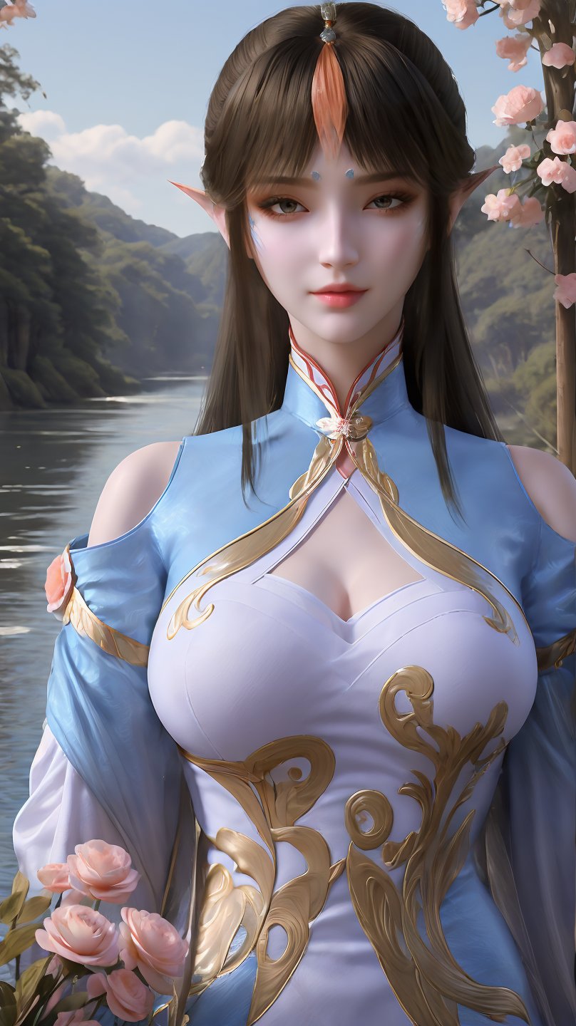 fqr,1girl,solo,upper body,blue chinese clothes,black hair,long hair,clothing cutout,cleavage cutout,looking at viewer,breasts,white long sleeved,closed mouth,forehead jewel,long sleeves,shoulder cutout,facial mark,realistic,flower field,sky,river,mizu,large breasts,white bra,,,waterfall,peach_blossom,high saturation,high_contrast,<lora:QYpifuV1:1>,<lora:玫瑰花场景-王导:0.6>