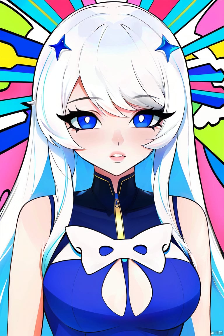 a girl white and blue fashion outfit, colorful geometry background, highly detailed, ultra-high resolutions, 32K UHD, best quality, masterpiece, saibo<lora:EMS-380362-EMS:1.000000>